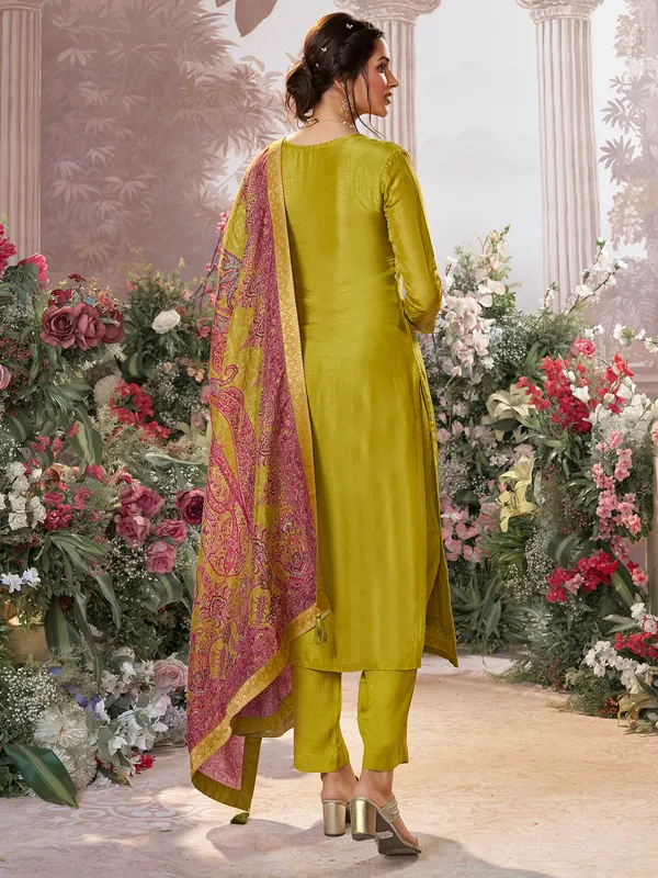 Olive silk salwar suit with printed dupatta