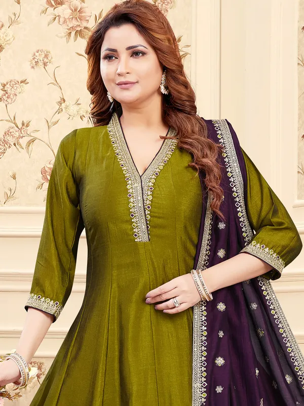 Olive silk salwar suit  with purple dupatta