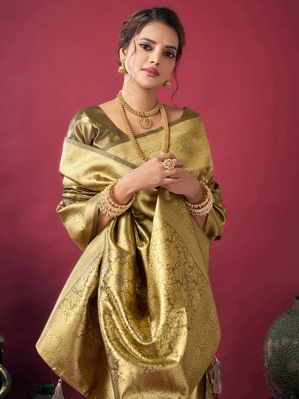 Olive silk saree with zari shine
