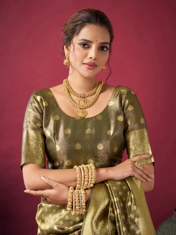 Olive silk saree with zari shine