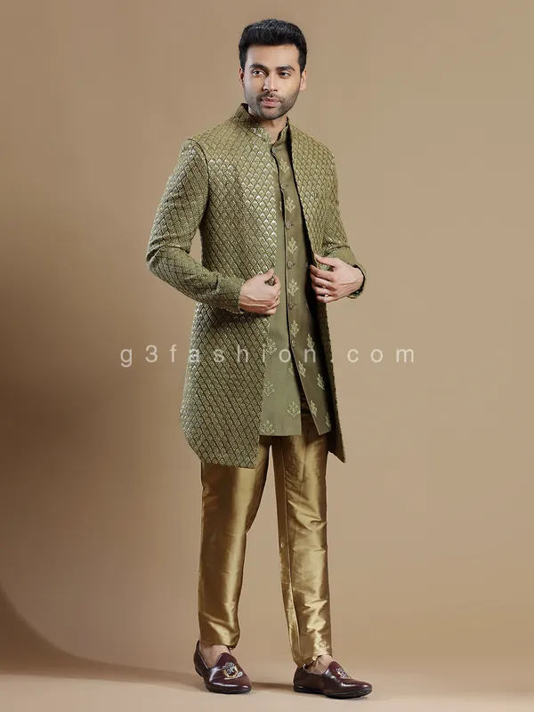 Olive silk wedding indowestern