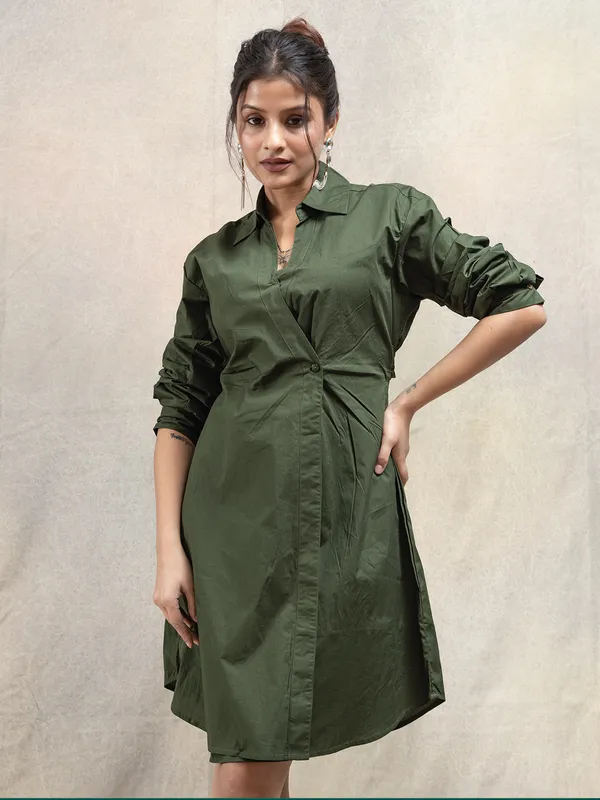 Olive solid cotton mini dress for casual outing