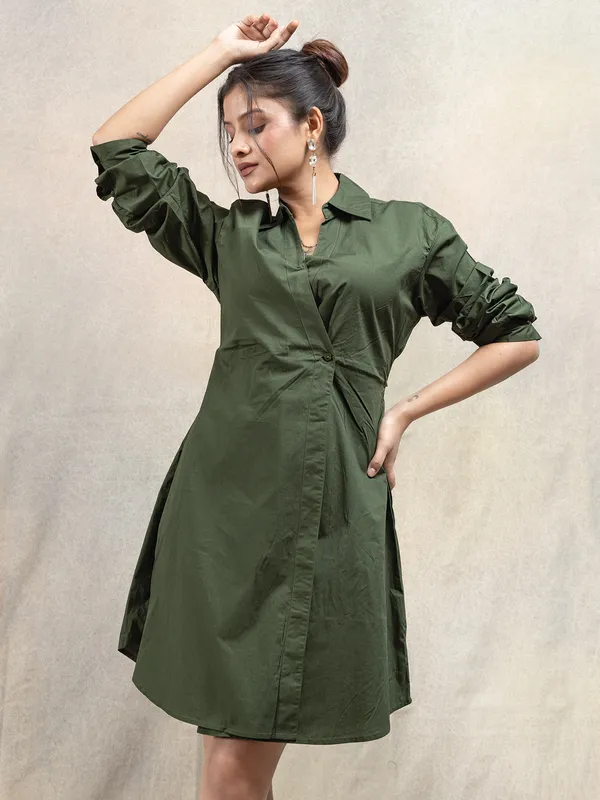Olive solid cotton mini dress for casual outing