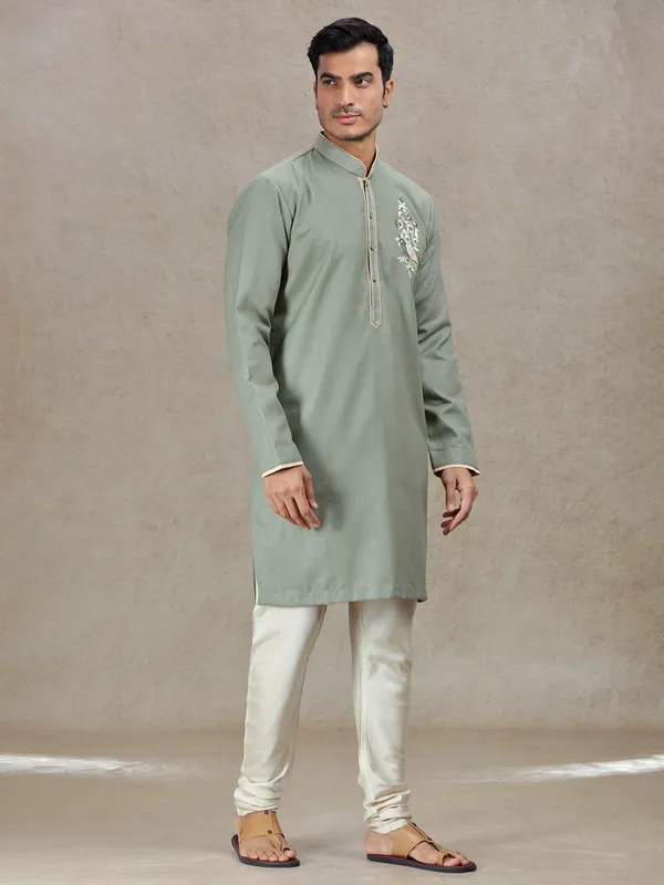 Olive timeless elegance linen cotton silk kurta suit