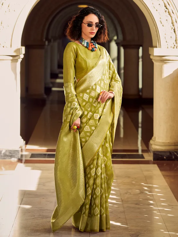 Olive tissue silk saree for festival