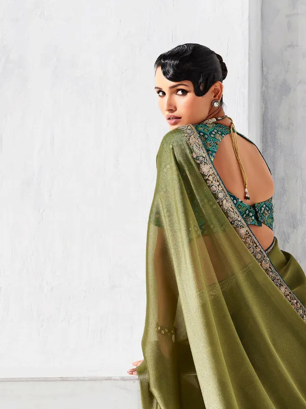 Olive tissue silk saree for wedding wear