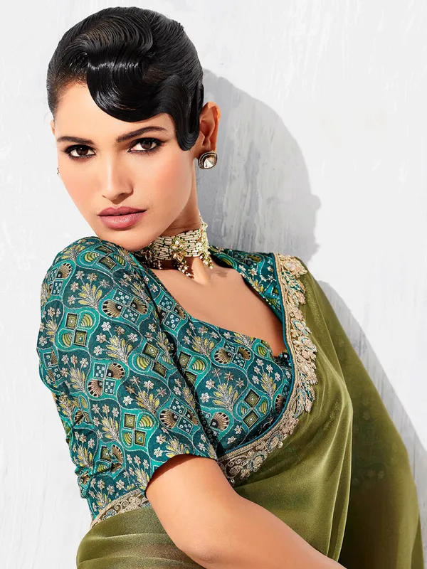 Olive tissue silk saree for wedding wear