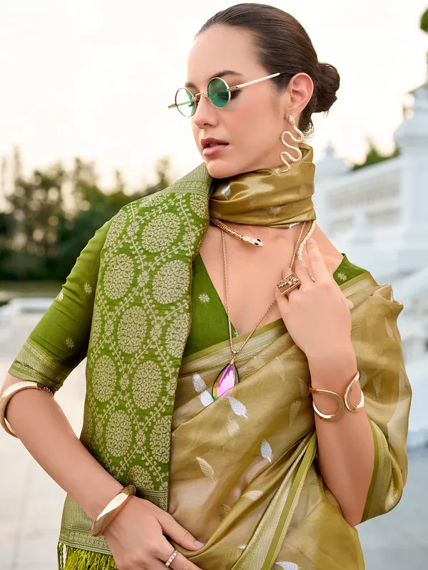 Olive tissue silk saree with zari weaving