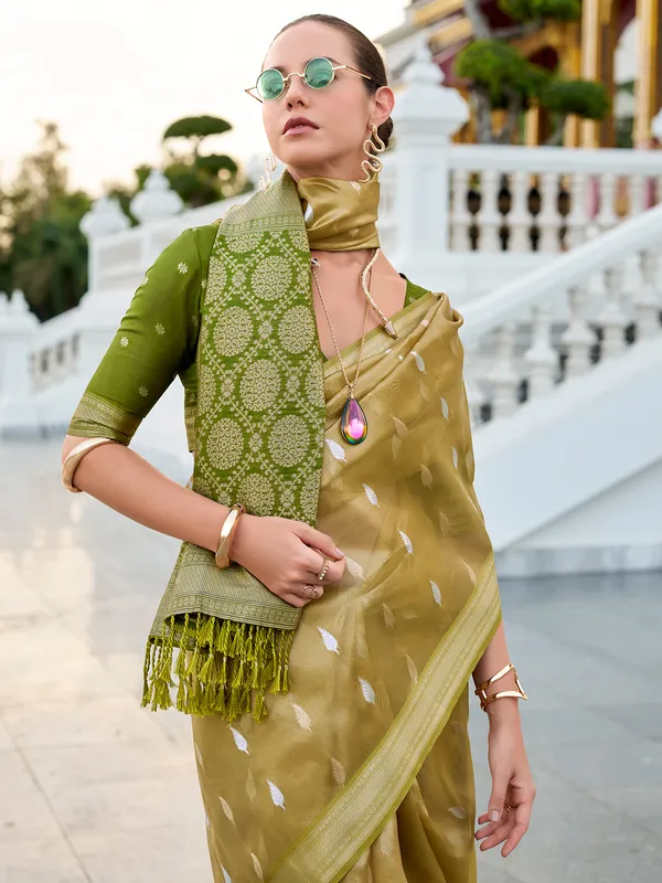 Olive tissue silk saree with zari weaving