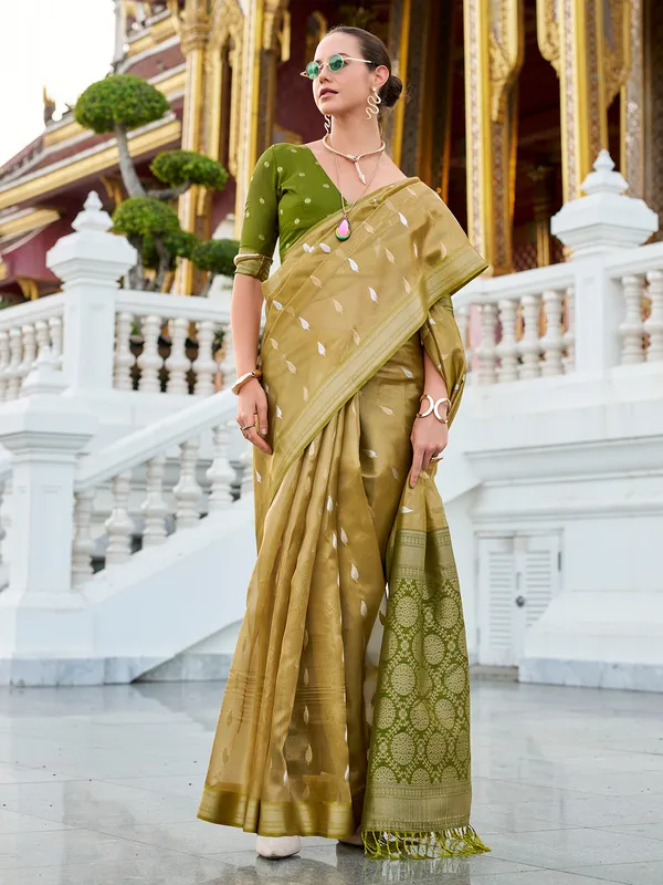 Olive tissue silk saree with zari weaving