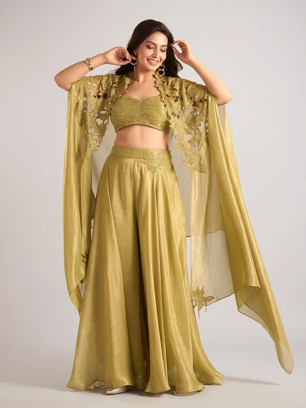 Olive tissue silk shrug style palazzo suit