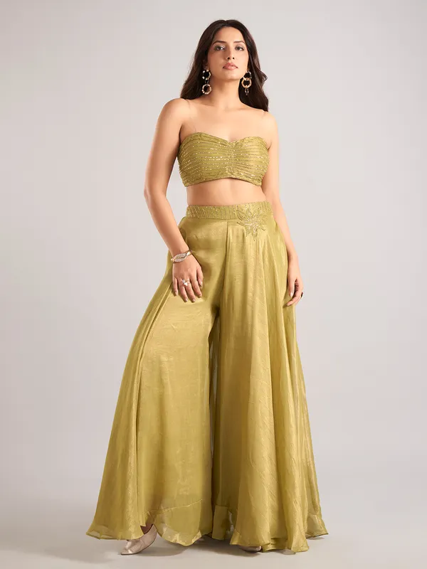 Olive tissue silk shrug style palazzo suit
