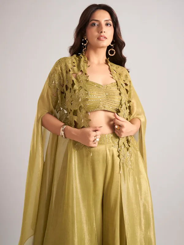 Olive tissue silk shrug style palazzo suit