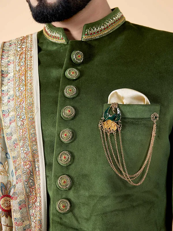 Olive velvet indowestern