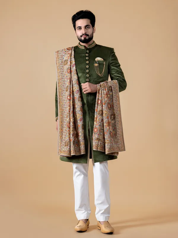 Olive velvet indowestern