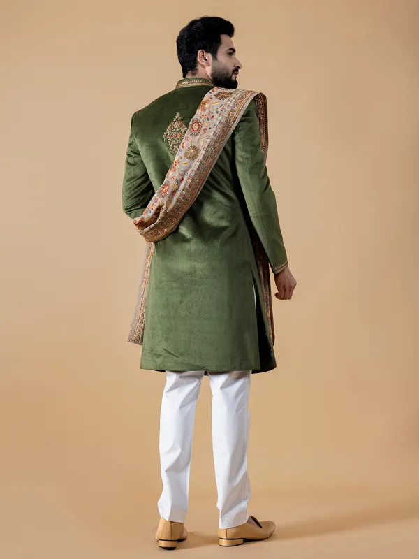 Olive velvet indowestern