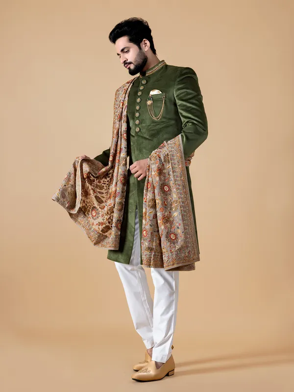 Olive velvet indowestern
