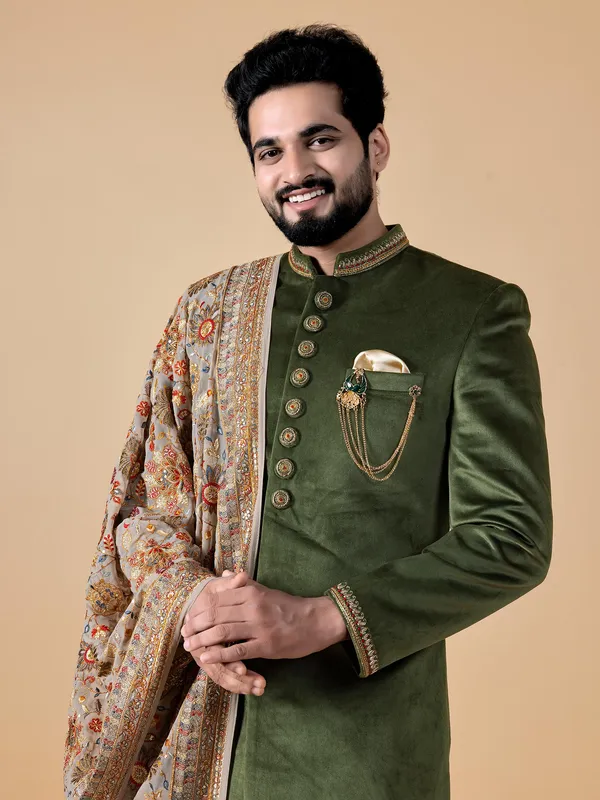 Olive velvet indowestern