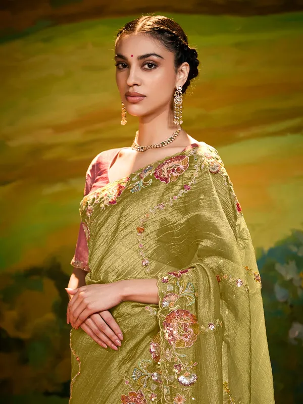 Olive wedding wear silk saree