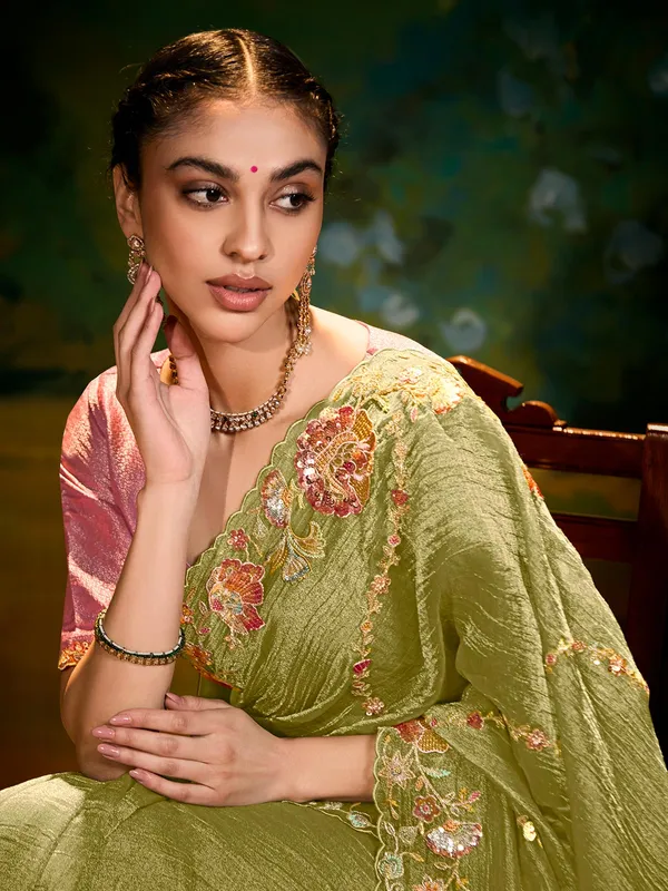 Olive wedding wear silk saree