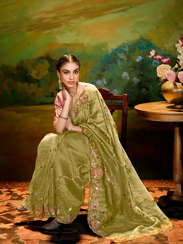 Olive wedding wear silk saree