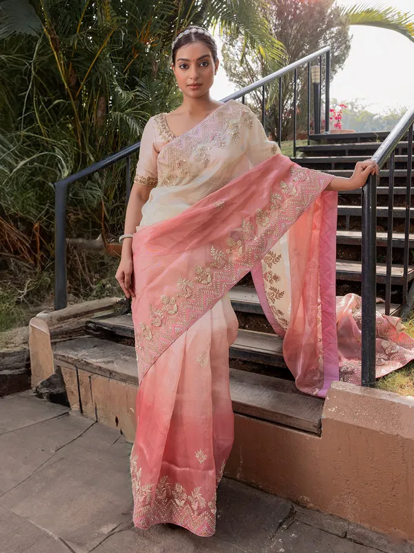 Ombre style pink tissue silk saree