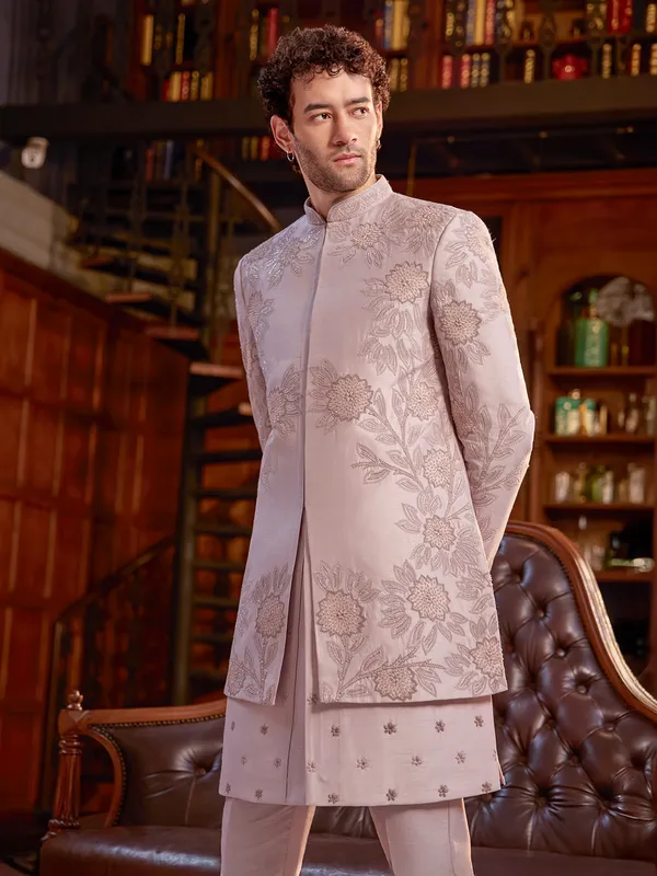 Onion pink art silk resham work indo western jacket