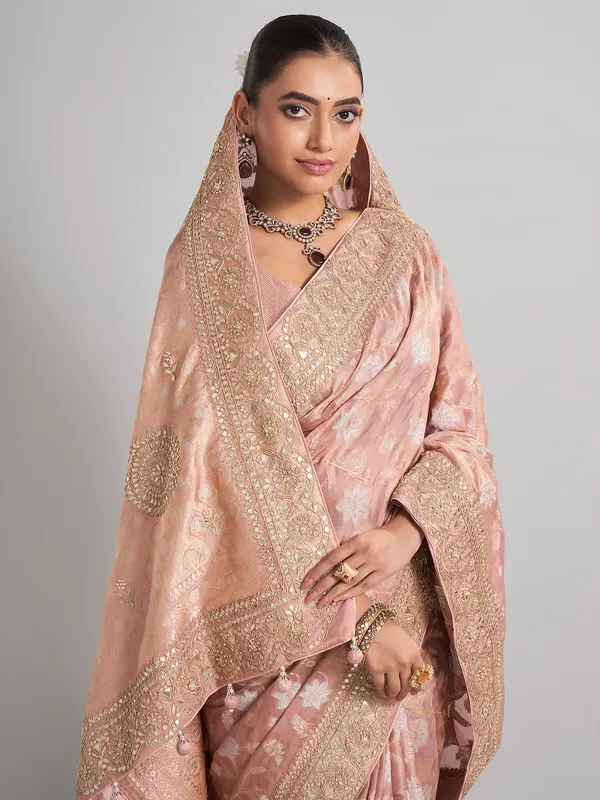 Onion pink banarasi silk saree for special celebrations