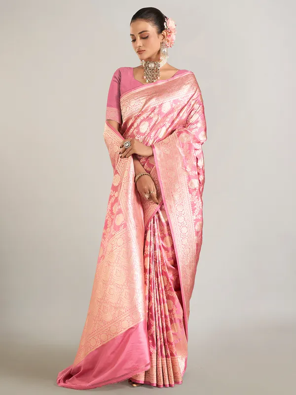 Onion pink banarasi silk saree in zari weaving