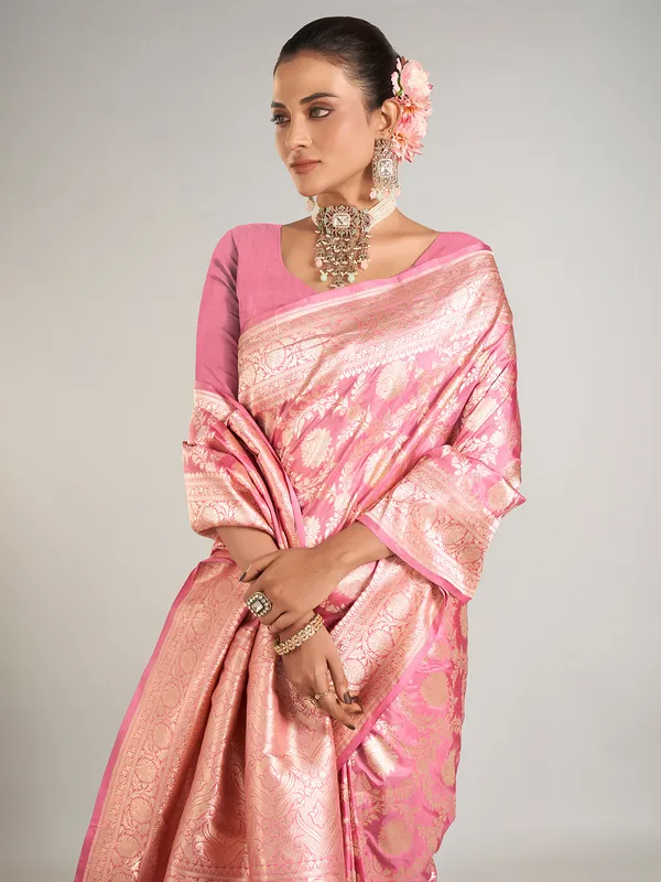 Onion pink banarasi silk saree in zari weaving