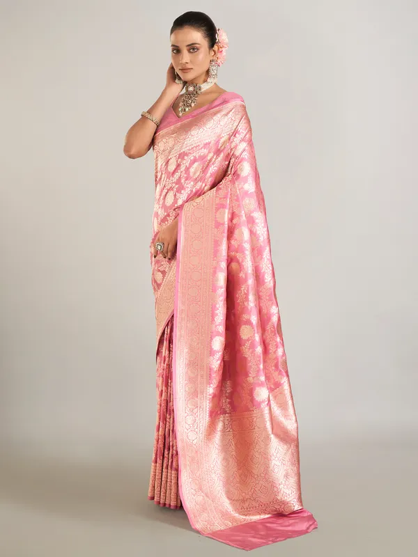 Onion pink banarasi silk saree in zari weaving