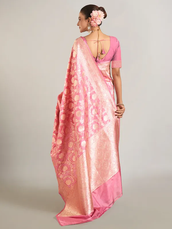 Onion pink banarasi silk saree in zari weaving