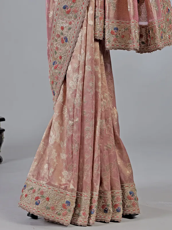 Onion pink banarasi silk saree with zardosi touch
