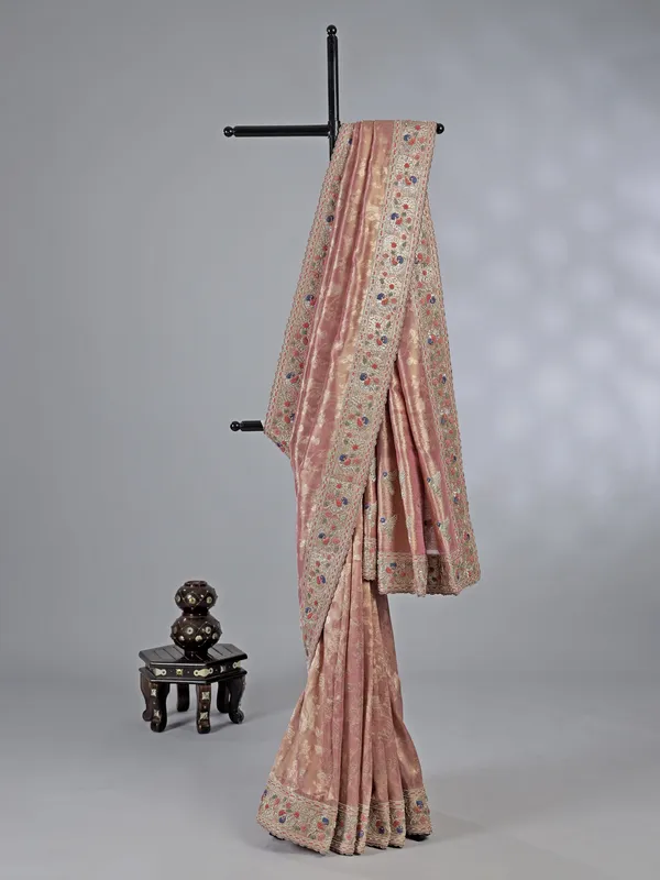 Onion pink banarasi silk saree with zardosi touch