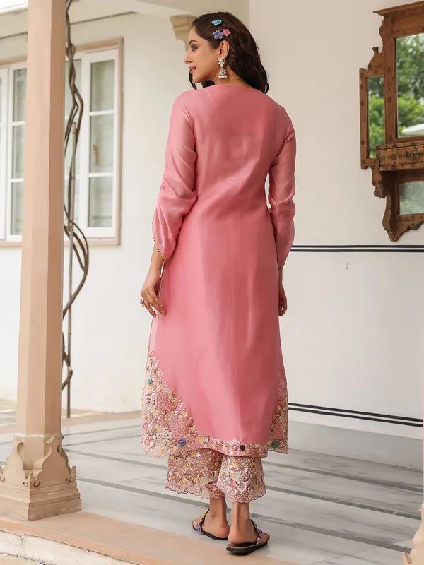 Onion pink chanderi silk kurti set for women