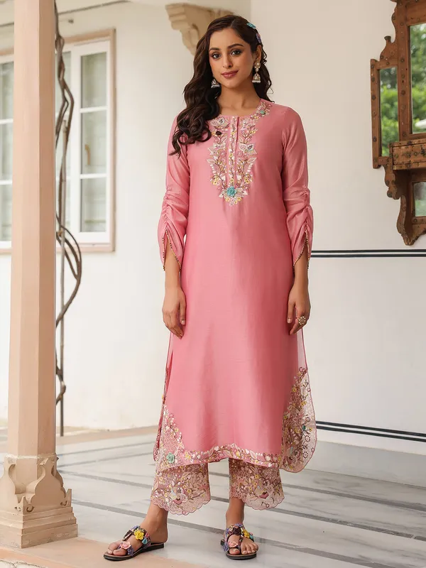 Onion pink chanderi silk kurti set for women