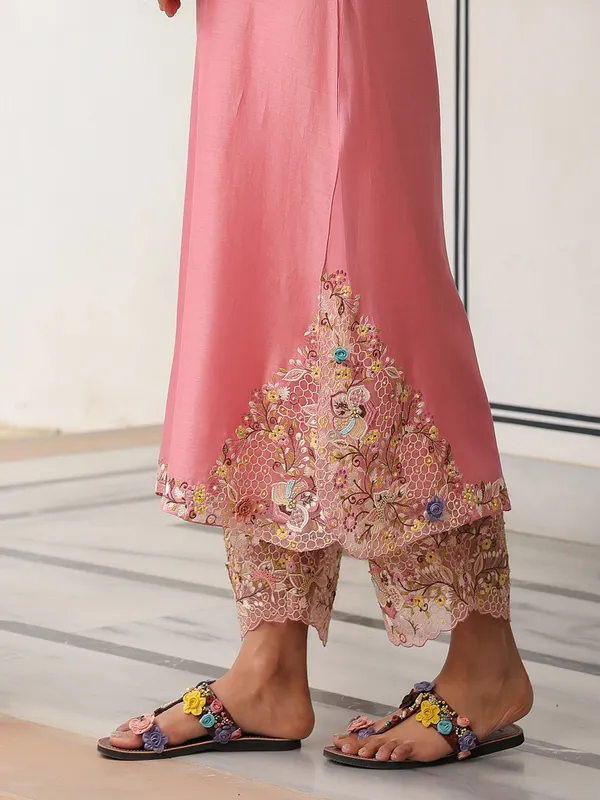 Onion pink chanderi silk kurti set for women