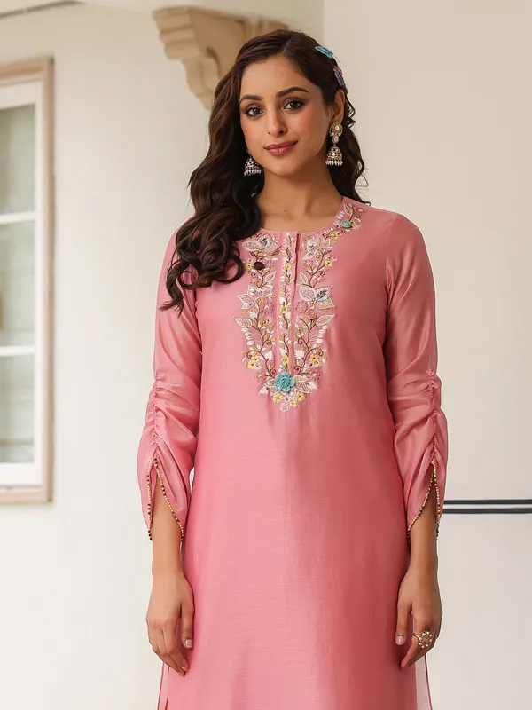 Onion pink chanderi silk kurti set for women