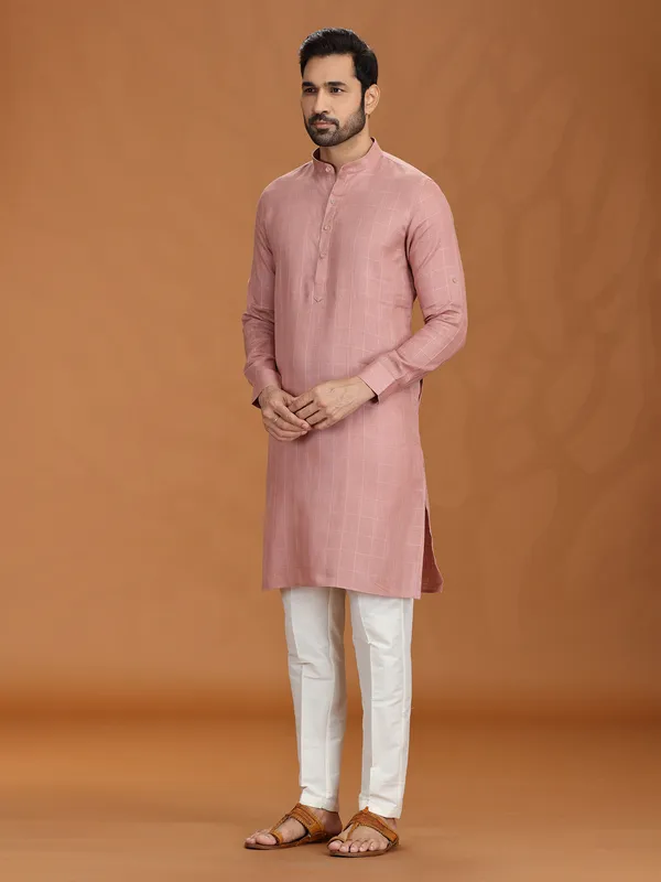 Onion pink checks linen kurta set for festive