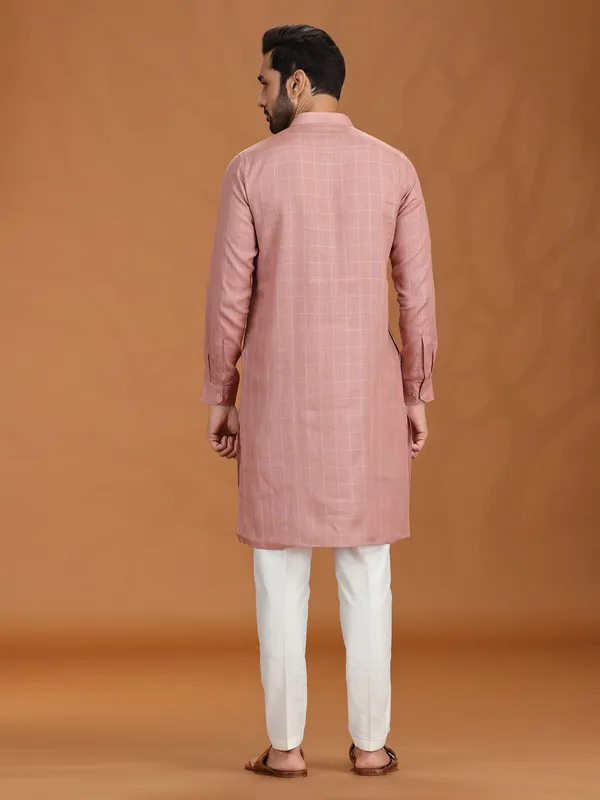 Onion pink checks linen kurta set for festive