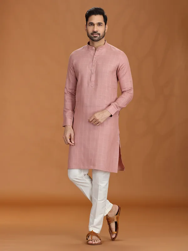 Onion pink checks linen kurta set for festive