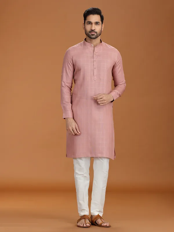 Onion pink checks linen kurta set for festive