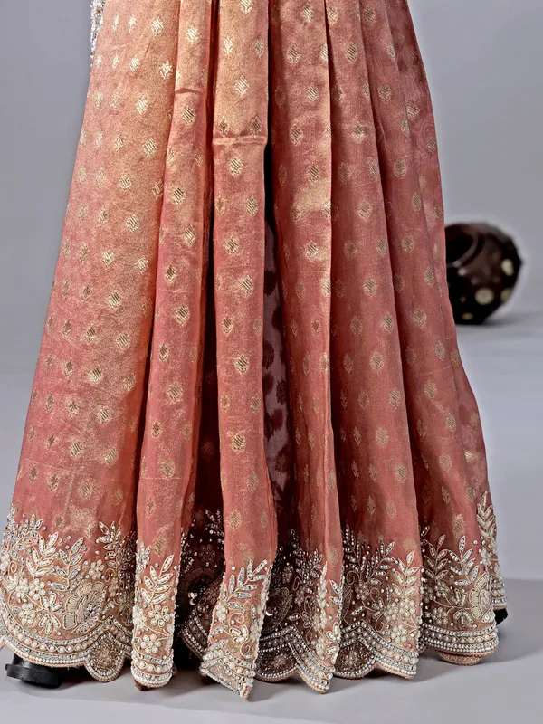 Onion pink chiffon saree with grand zari weaving
