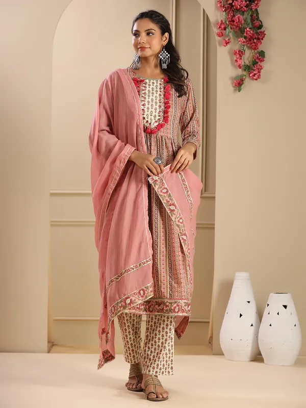Onion pink cotton printed kurti set for women