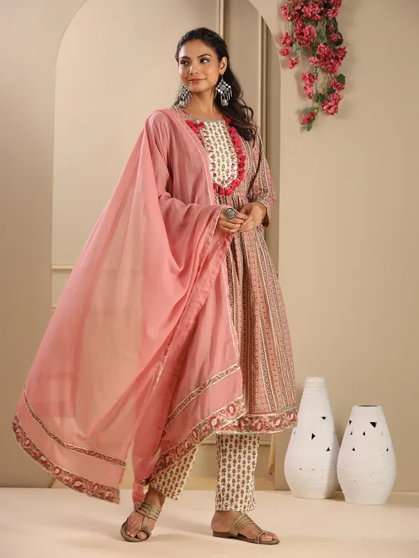 Onion pink cotton printed kurti set for women