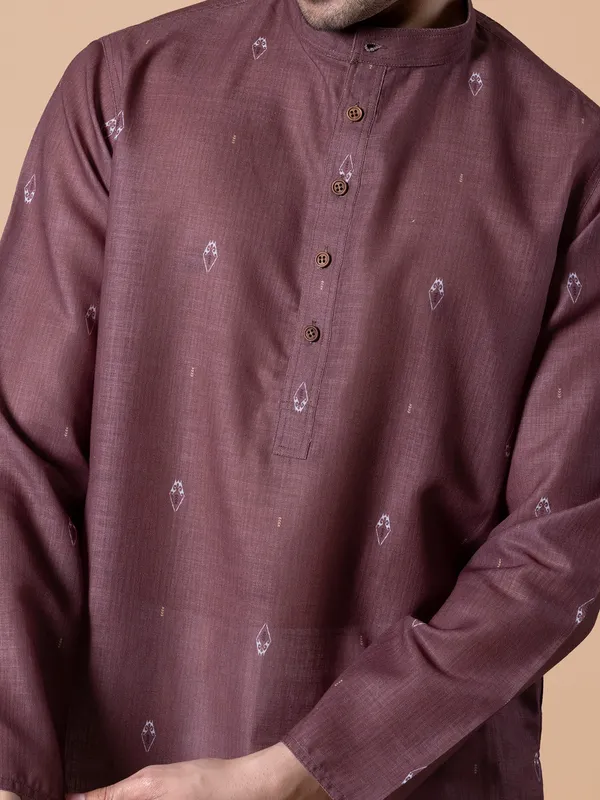 Onion pink cotton printed men kurta set