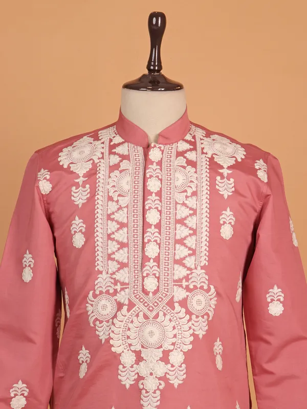 Onion pink cotton silk pathani suit for festival