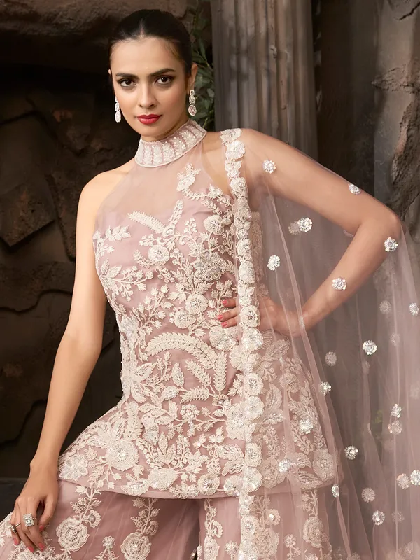Onion pink designer palazzo net suit