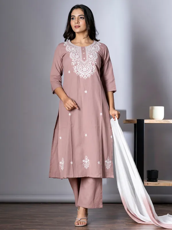 Onion pink embroidery kurti set for women