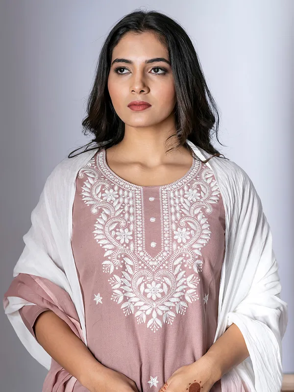 Onion pink embroidery kurti set for women